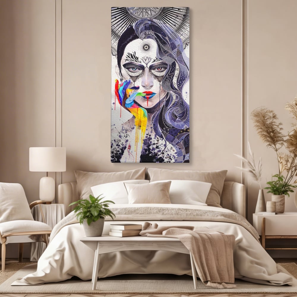 Tablou canvas cu tablou canvas cu portret abstract feminin, fara rama, pe sasiu de lemn, pe perete intr-un dormitor